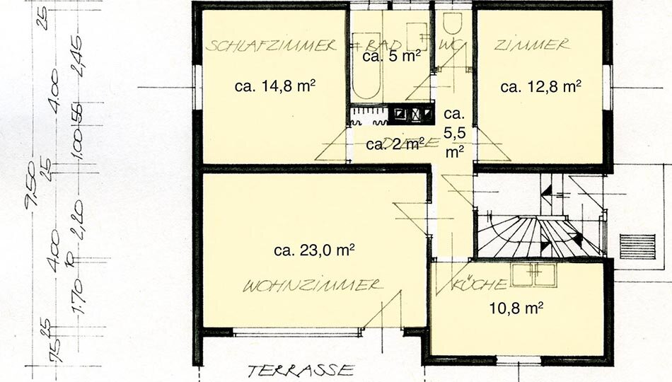 Raumaufteilung – 3 Zimmer – Küche – Bad – Terrasse | © Manfred G. Prossinger