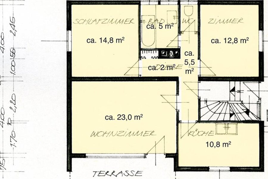 Raumaufteilung – 3 Zimmer – Küche – Bad – Terrasse | © Manfred G. Prossinger