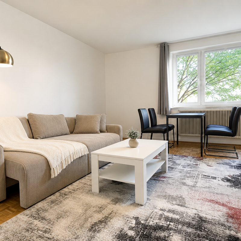 Helles Wohnzimmer mit Sofa & Esstisch – 2-Zimmer Wohnung, Kurzzeitmiete & Wohnen auf Zeit für 1 bis 6 Monate in Salzburg