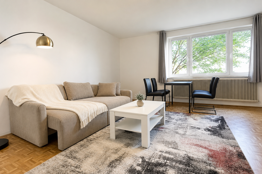 Helles Wohnzimmer mit Sofa & Esstisch – 2-Zimmer Wohnung, Kurzzeitmiete & Wohnen auf Zeit für 1 bis 6 Monate in Salzburg