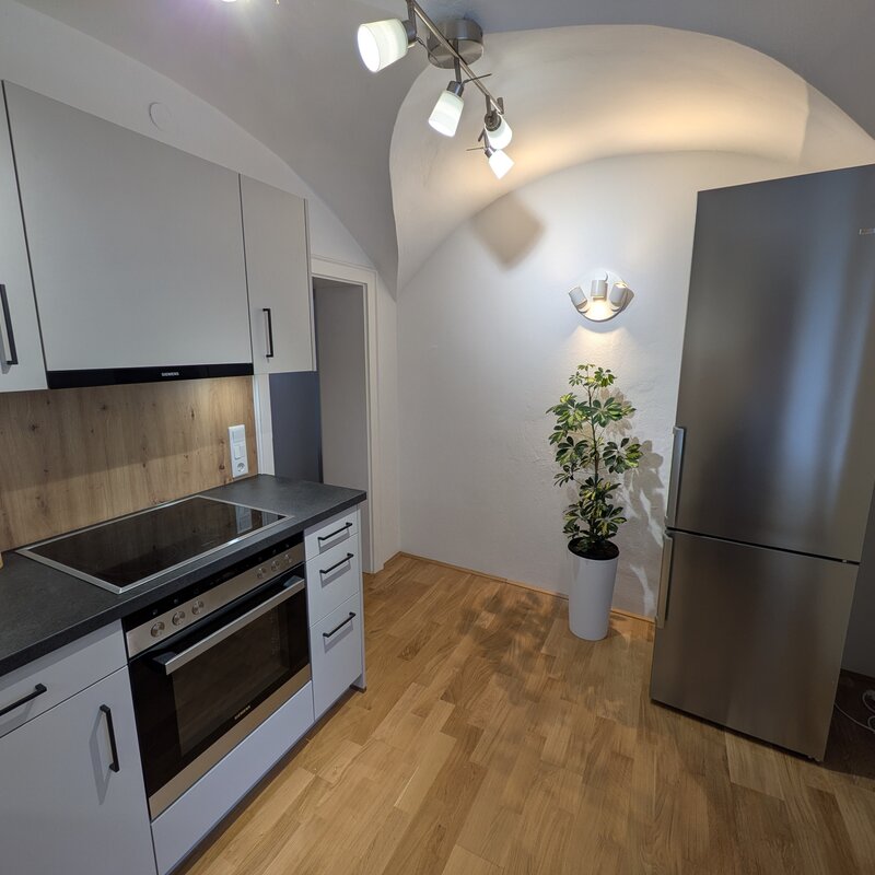 Ein klar gestalteter Küchenbereich mit hochwertigen Geräten, stilvollen Details und einem harmonischen Mix aus Holz und Edelstahl. | © Vermieter