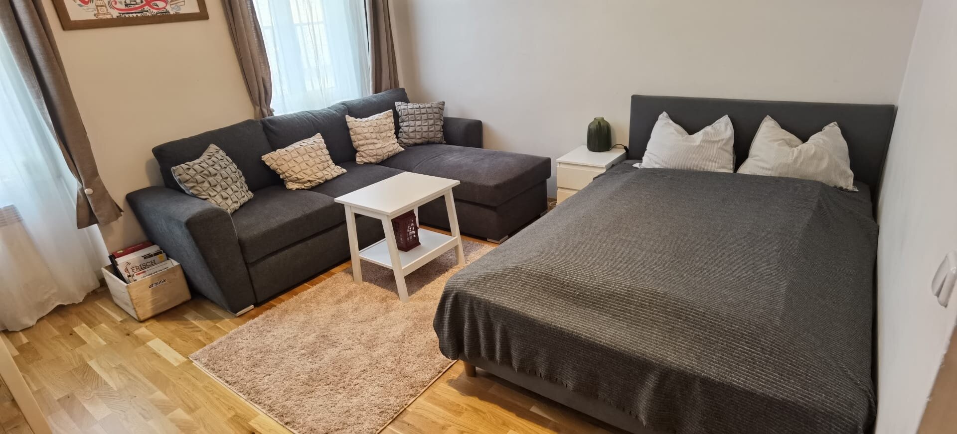 gemütliches Wohnzimmer mit Bett und Schlafsofa