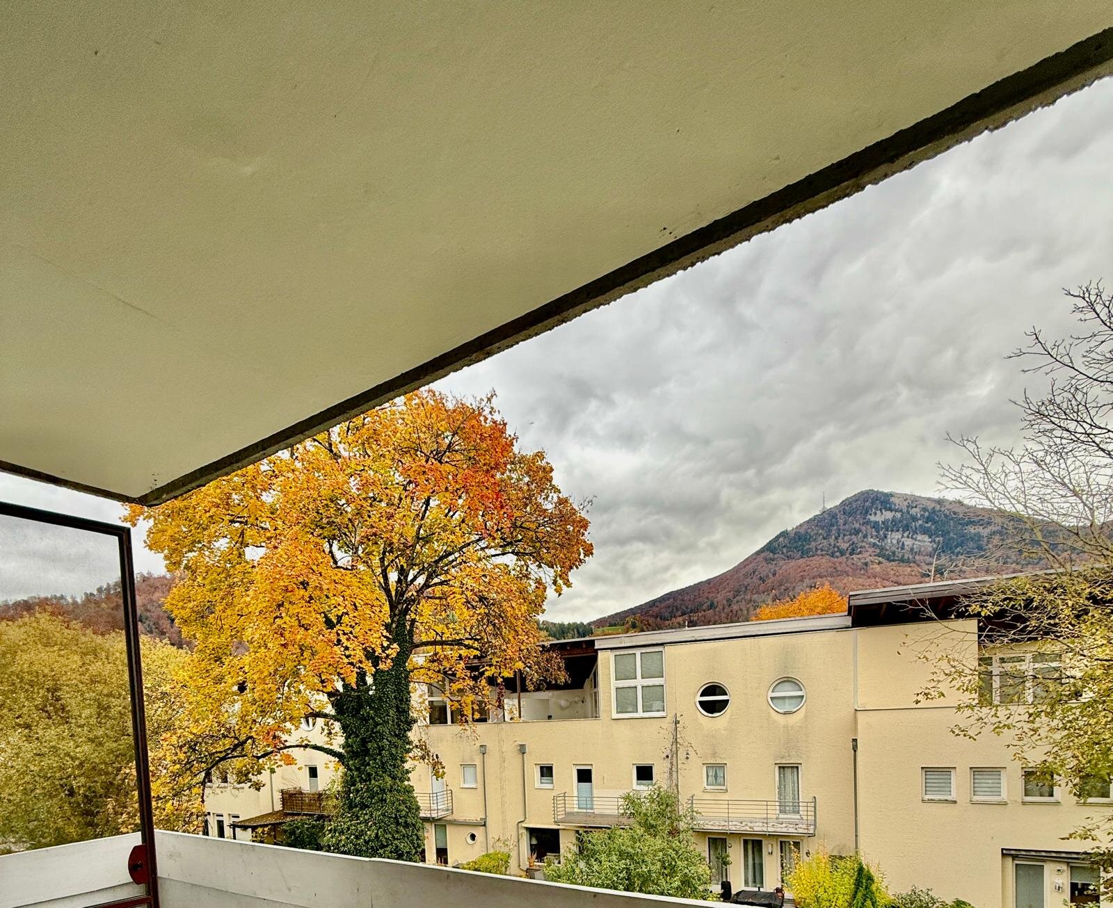 Balcony with mountain view & autumn tree – 1-room apartment for short-term rental & temporary housing for 1 to 6 months in Salzburg