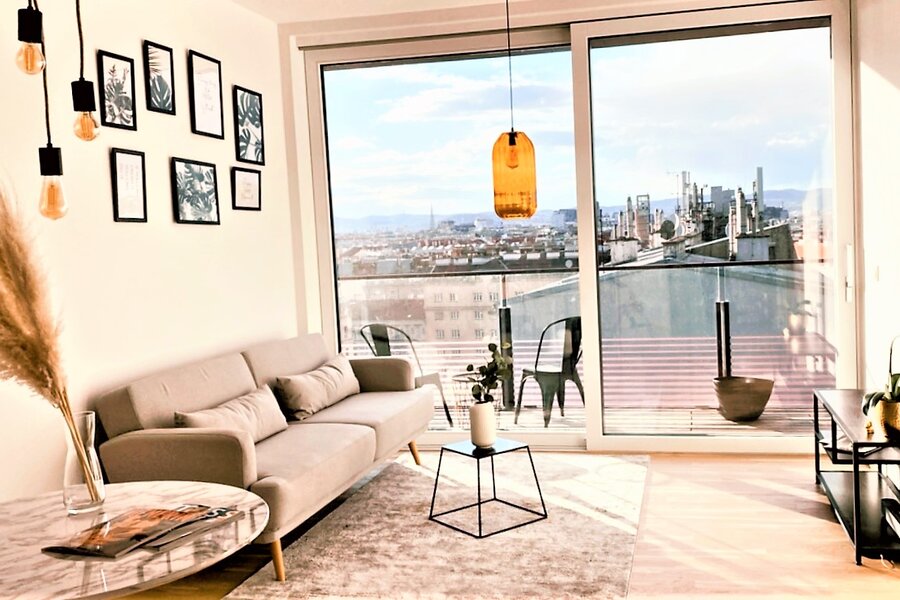 Bright living room with panoramic view – 2-room apartment, short-term rental, temporary housing for 1 to 6 months, Vienna
