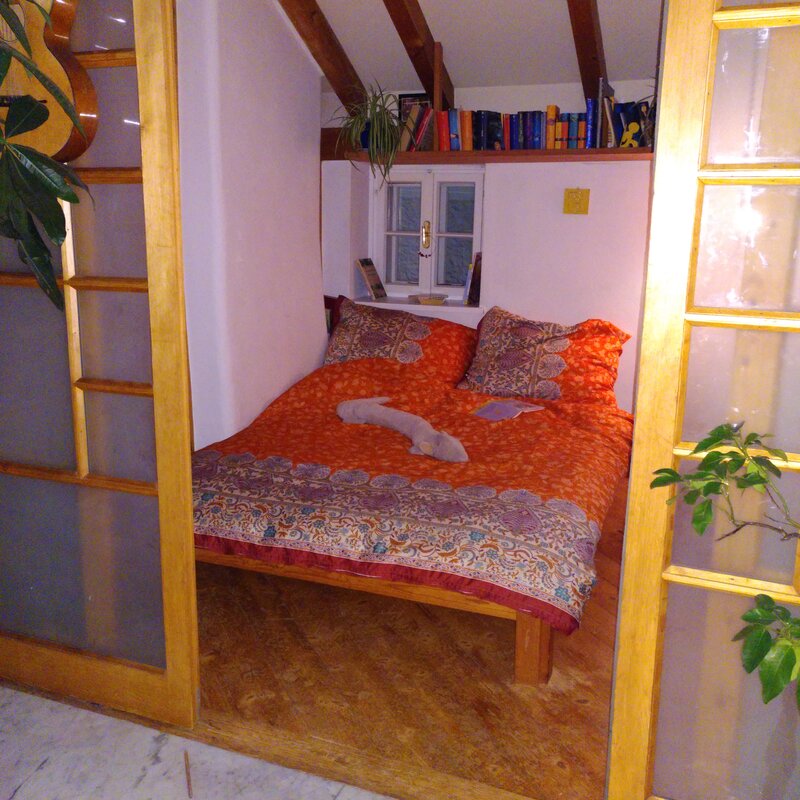 Das Schlafzimmer mit begehbarem Kasten ist durch Schiebeglastüren vom Atrium betretbar  | © Maria Melnitzky-Ekhator