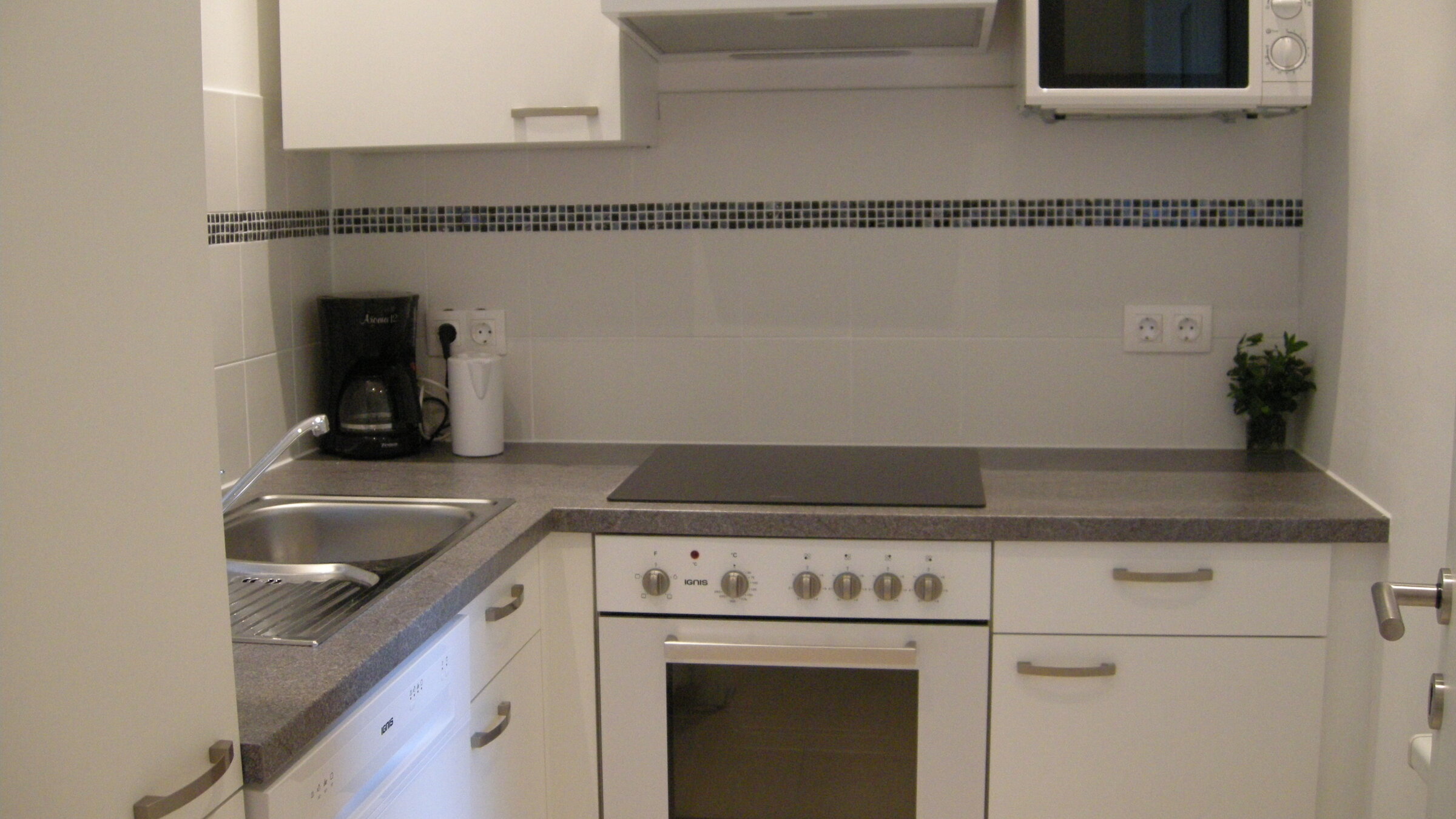 Küche mit Herdplatte, Backofen, Mikrowelle, Kühlschrank, Geschirrspüller