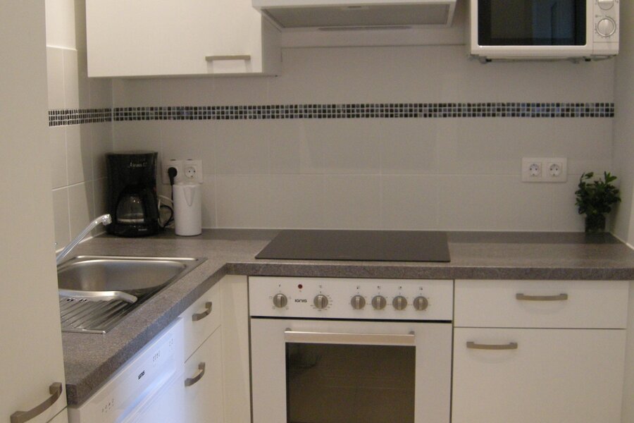 Küche mit Herdplatte, Backofen, Mikrowelle, Kühlschrank, Geschirrspüller
