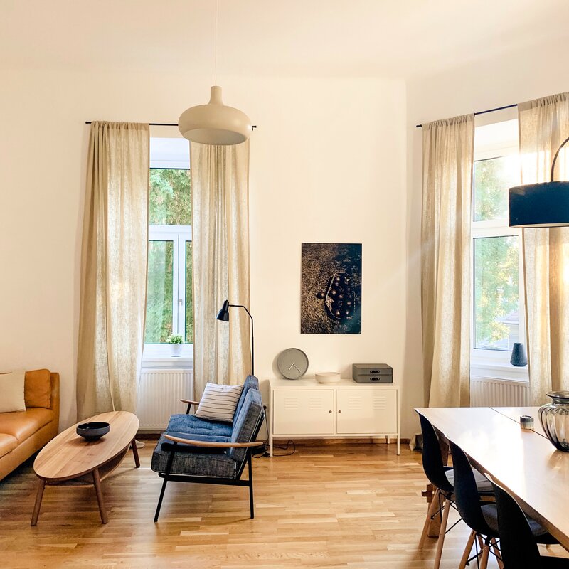 bright living room with park view