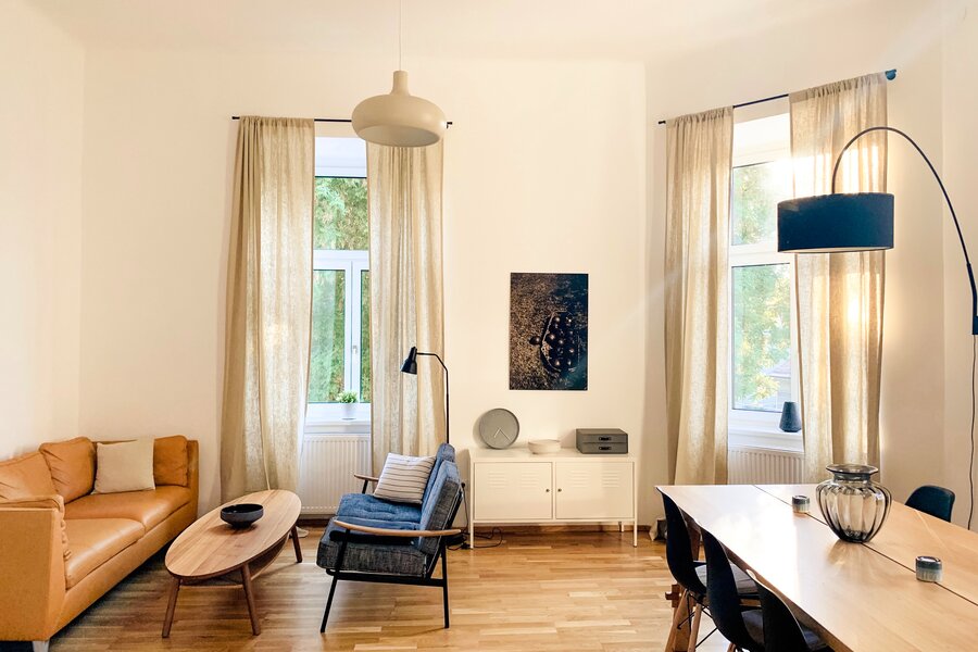 bright living room with park view