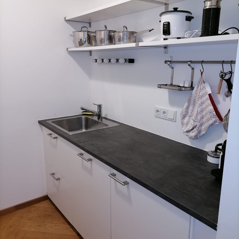 Küchenzeile rechts mit Waschbecken, Geschirrspüler, Kühlschrank, Küchenregal und Kochutensilien | © Jeanne Szilit