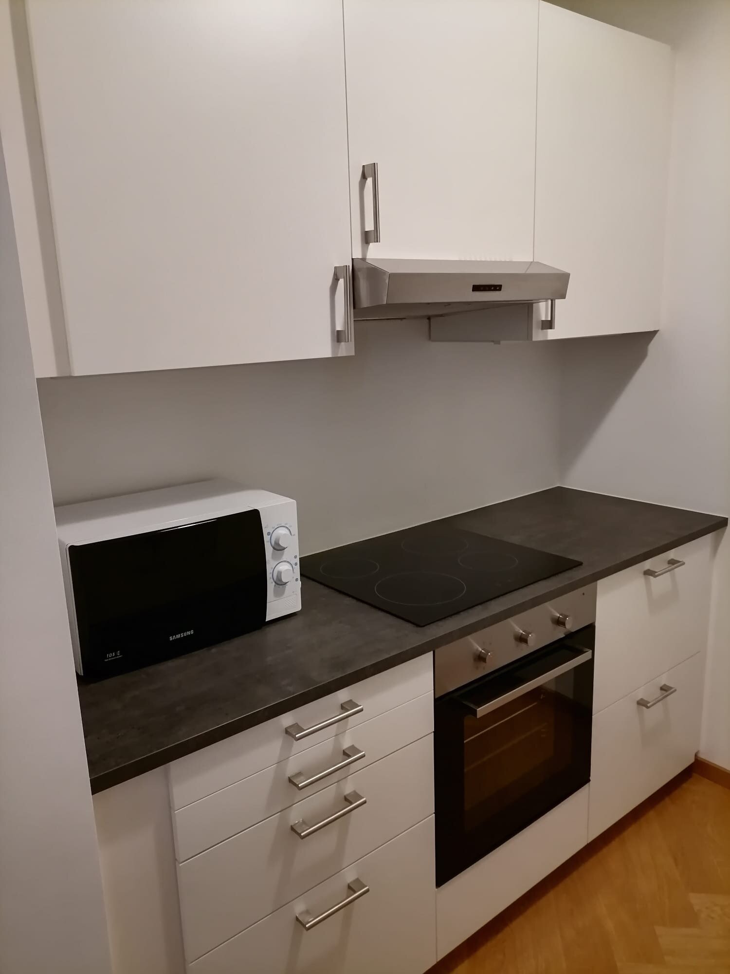 Küchenzeile links mit Oberschränken, Luftabzugshaube, Mikrowelle, Induktionsherd und Unterschränken | © Jeanne Szilit