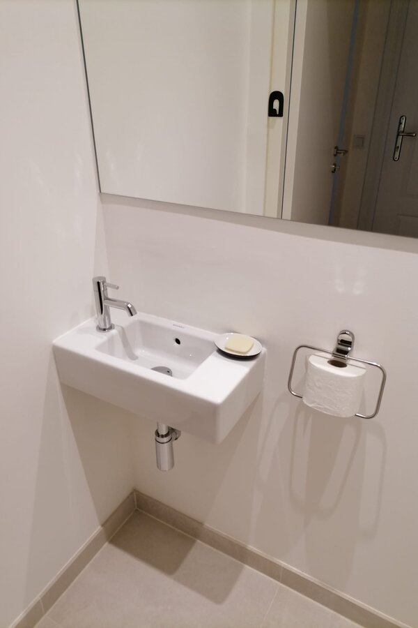 Toiletten-Waschbecken mit Handtuchhalter und wandgrossem Spiegel | © Jeanne Szilit