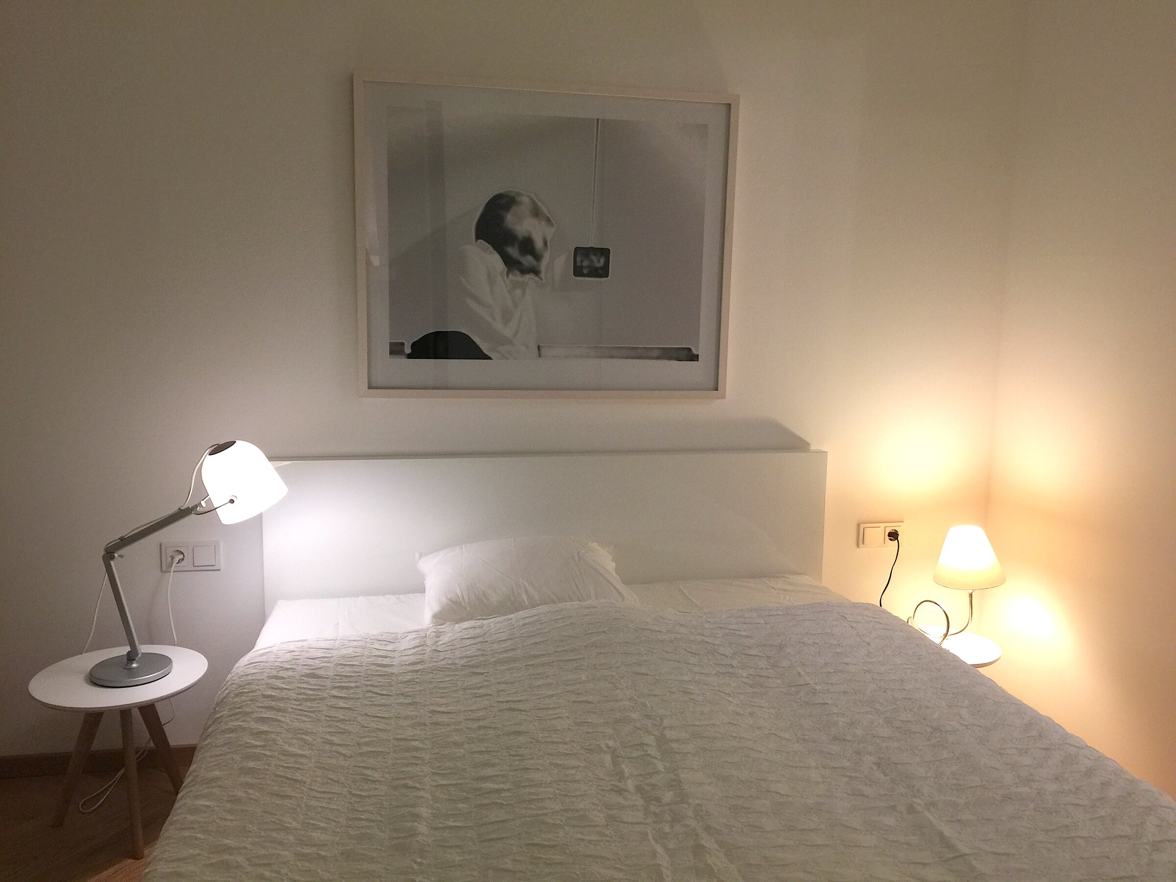 Sleeping room with table lamps, Double bed with Art Work