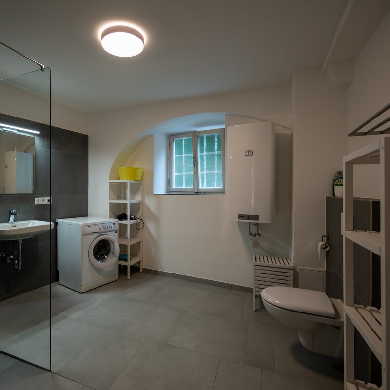 Badezimmer mit Dusche und Waschmaschine