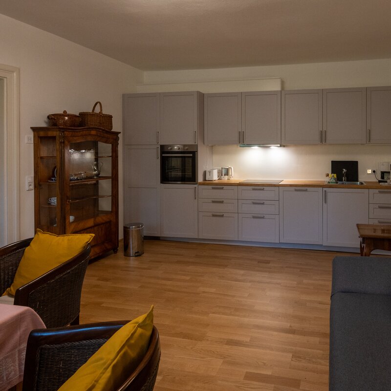 living room with kitchen unit