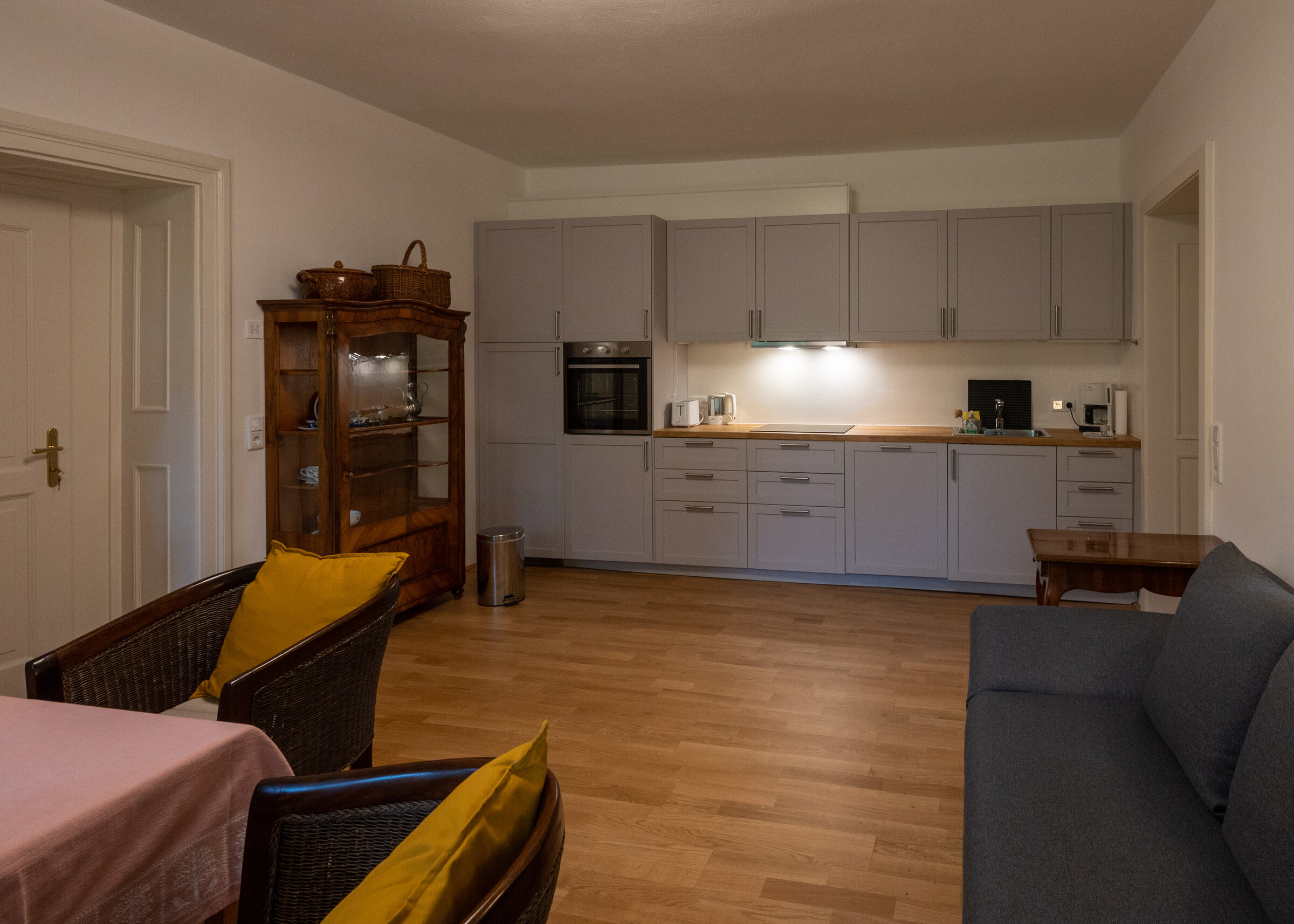 living room with kitchen unit